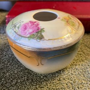 Antique German Porcelain Hair Receiver Early 20s Green Floral